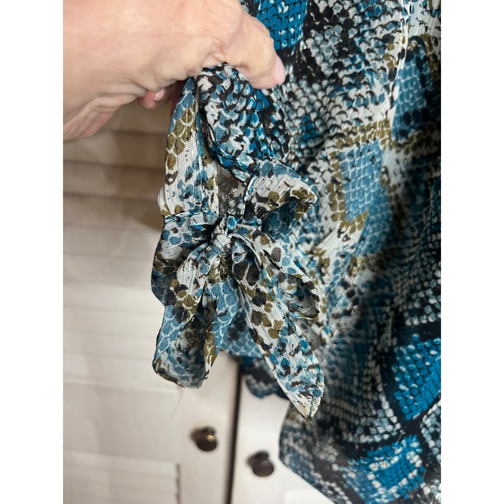 Sara Michelle Teal Blue Snakeskin Metallic Print Blouse Plus Size 3X Tie Sleeve - Picture 3 of 5